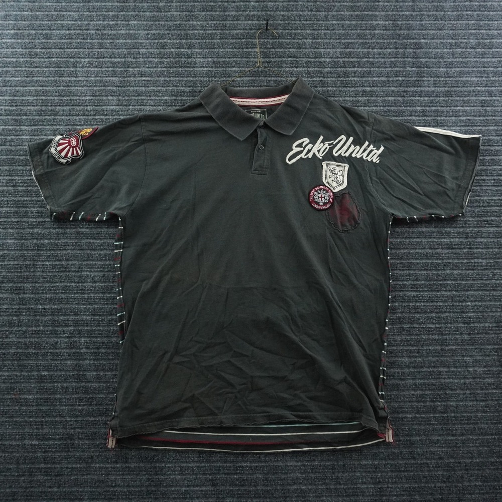 Ecko Unltd. Polo Shirt Mens XXL Black Vintage Y2K Striped Back Embroidered Patch